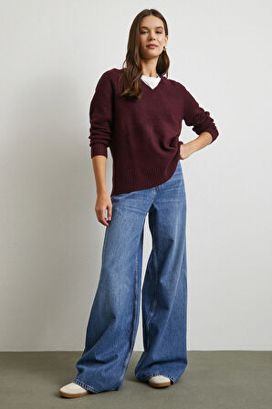 Yüksek Bel Geniş Paça Beş Cepli Jean Mavi