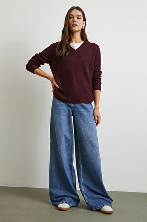 Yüksek Bel Geniş Paça Beş Cepli Jean Mavi