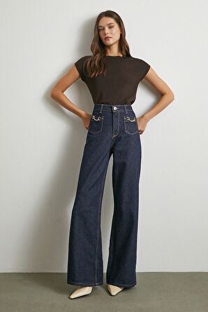 Yüksek Bel Cep Detaylı Zincirli Wide Leg Jean Lacivert