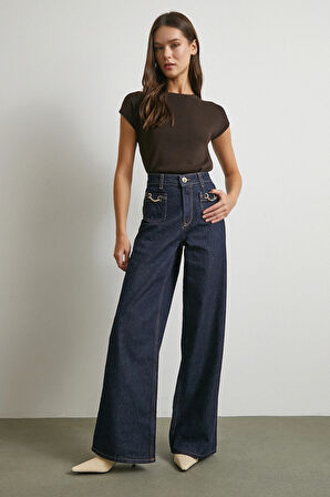 Yüksek Bel Cep Detaylı Zincirli Wide Leg Jean Lacivert