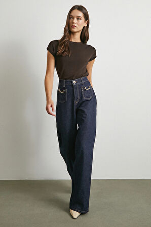 Yüksek Bel Cep Detaylı Zincirli Wide Leg Jean Lacivert