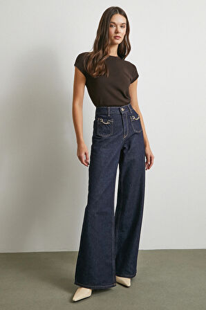 Yüksek Bel Cep Detaylı Zincirli Wide Leg Jean Lacivert