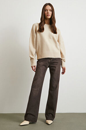 Yüksek Bel Beş Cepli Kesik Paça Jean Kahve