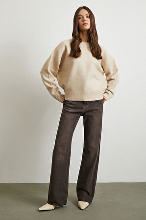 Yüksek Bel Beş Cepli Kesik Paça Jean Kahve