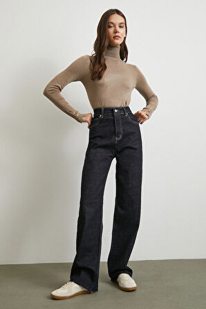 Yüksek Bel Kesik Boru Paça Jean Lacivert