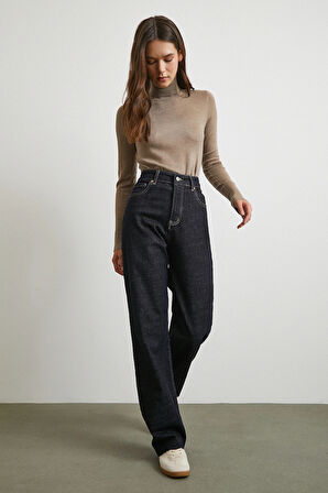 Yüksek Bel Kesik Boru Paça Jean Lacivert