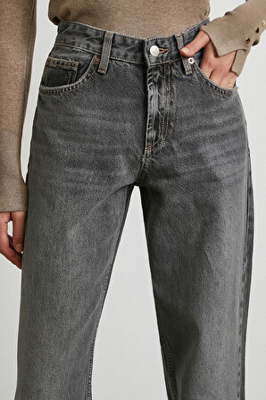 Beş Cepli Yüksek Bel Jean Gri