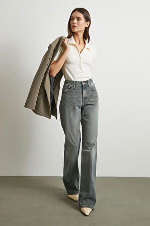 Beş Cepli Yüksek Bel Jean Füme