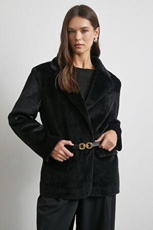 Kemerli Tay Flock Ceket Siyah
