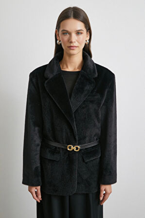 Kemerli Tay Flock Ceket Siyah