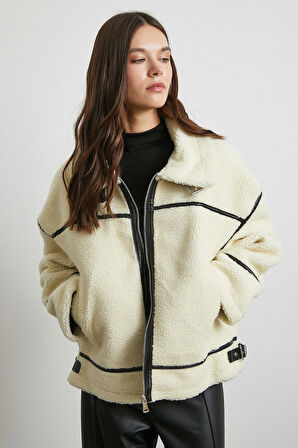 Ters Detay Lamine Biker Ceket Krem