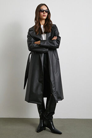 Kuşaklı Deri Pardesü Siyah