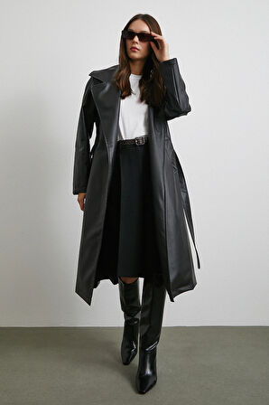 Kuşaklı Deri Pardesü Siyah