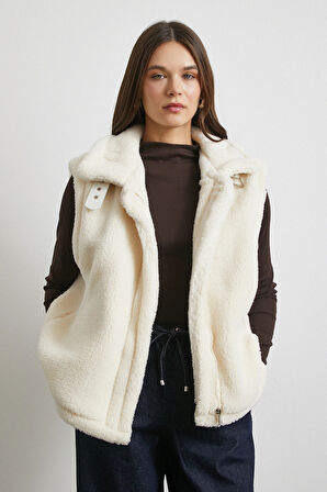 Yaka Detaylı Yumoş Yelek Ekru