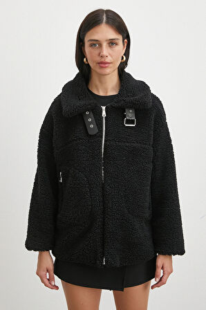 Yaka Detaylı Peluş Mont Siyah