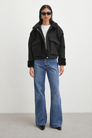 Apoletli Yünlü Körük Cepli Kaşe Mont Siyah