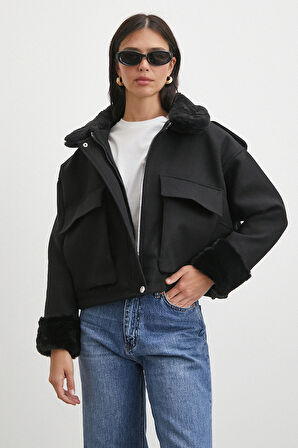 Apoletli Yünlü Körük Cepli Kaşe Mont Siyah