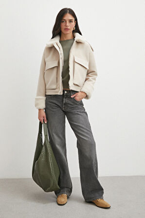 Apoletli Yünlü Körük Cepli Kaşe Mont Bej