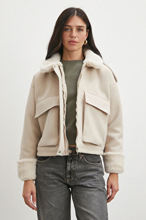 Apoletli Yünlü Körük Cepli Kaşe Mont Bej