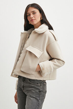 Apoletli Yünlü Körük Cepli Kaşe Mont Bej