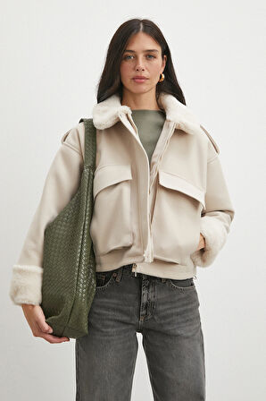 Apoletli Yünlü Körük Cepli Kaşe Mont Bej