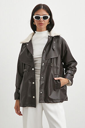 Kürklü Yaka Detaylı Deri Ceket Kahve