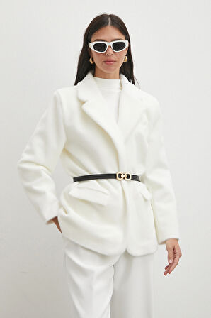 Kemerli Tay Flock Ceket Beyaz