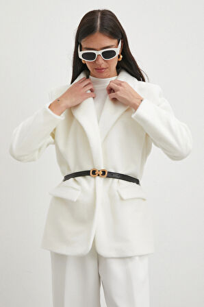 Kemerli Tay Flock Ceket Beyaz