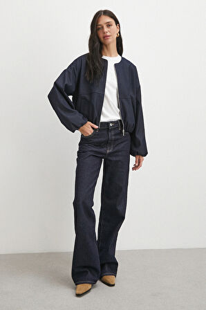 Beli Lastikli Fermuarlı Denim Görünümlü Bomber Ceket Lacivert