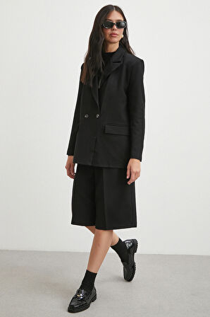 Çift Dügmeli Cep Kapaklı Blazer Ceket Siyah