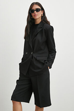 Çift Dügmeli Cep Kapaklı Blazer Ceket Siyah