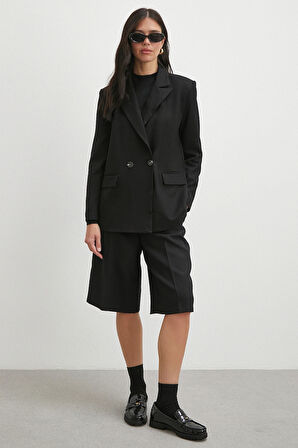 Çift Dügmeli Cep Kapaklı Blazer Ceket Siyah