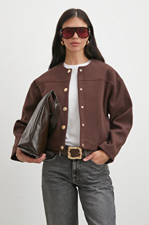 Beli Lastikli Düğmeli Bomber Ceket Kahve