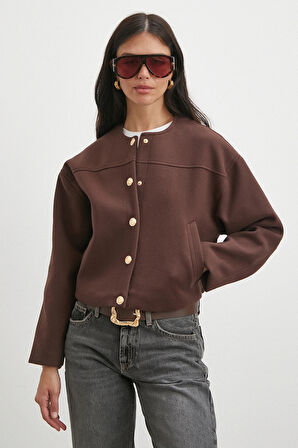 Beli Lastikli Düğmeli Bomber Ceket Kahve