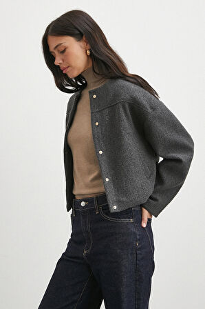 Beli Lastikli Düğmeli Bomber Ceket Antirasit