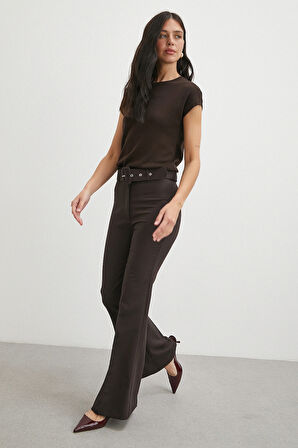 Kemerli İspanyol Paça Pantolon Kahve