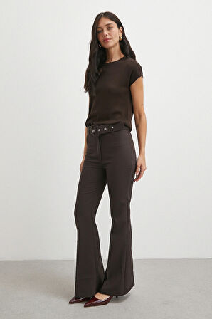 Kemerli İspanyol Paça Pantolon Kahve