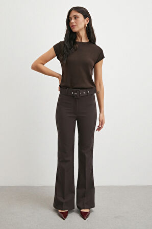 Kemerli İspanyol Paça Pantolon Kahve