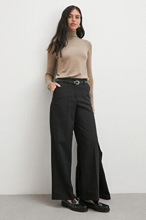 Yüksek Bel Paça Detaylı Kemerli Pantolon Siyah