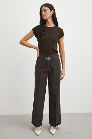 Yüksek Bel Paça Detaylı Kemerli Pantolon Kahve