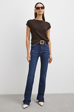 Yüksek Bel Likralı İspanyol Paça Jean Lacivert