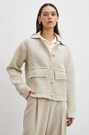 Polo Yaka Cepli Gold Düğmeli Ceket Krem