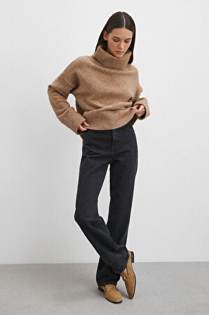 Yüksek Bel Boru Paça Jean Siyah