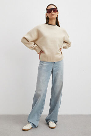 Yüksek Bel Kesik Paça Straight Jean Buz Mavisi