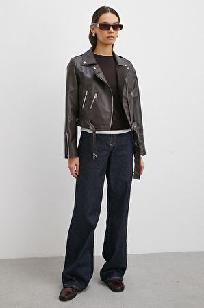 Beli Kemerli Fermuarlı Deri Ceket Kahve