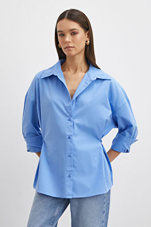 Düğme Detaylı Pamuklu Gömlek Mavi