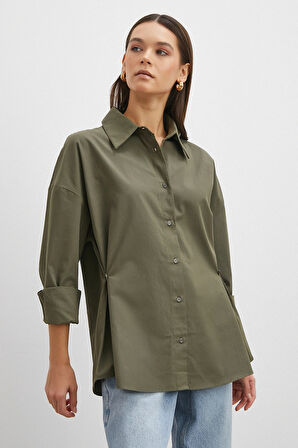 Düğme Detaylı Pamuklu Gömlek Haki