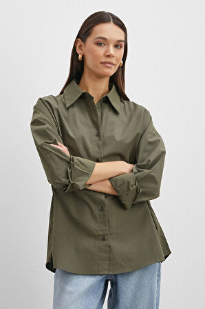 Düğme Detaylı Pamuklu Gömlek Haki