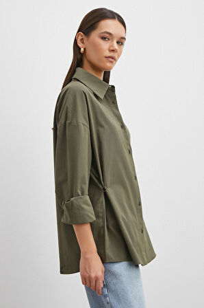 Düğme Detaylı Pamuklu Gömlek Haki