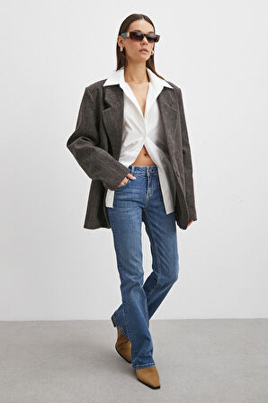 Orta  Bel Likralı İspanyol Paça Jean Mavi